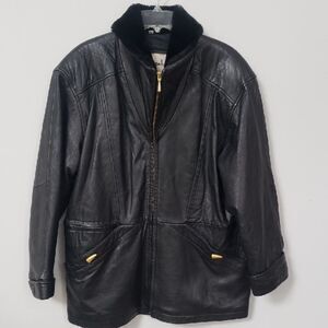 Donna Pelle Black Leather Jacket Womens Large Anorak Coat with Faux Fur Collar